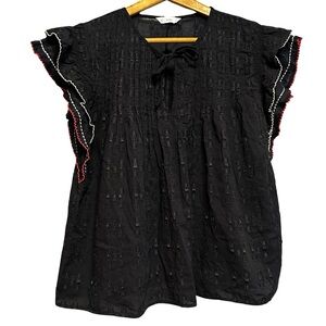 ACOS&A Black Boho Flutter Sleeve Blouse Large Tie Neck Textured Cotton Peasant